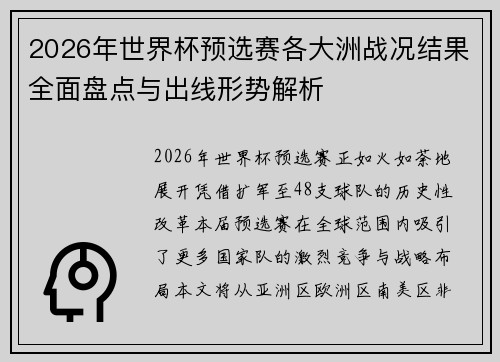 2026年世界杯预选赛各大洲战况结果全面盘点与出线形势解析