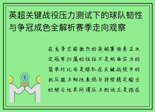 英超关键战役压力测试下的球队韧性与争冠成色全解析赛季走向观察